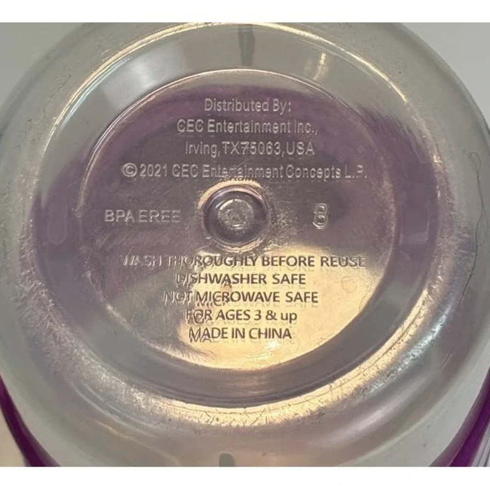 Chuck E Cheese Purple Souvenir Cup Removable Sleeve‎ Lid 2021 Flawed Straw